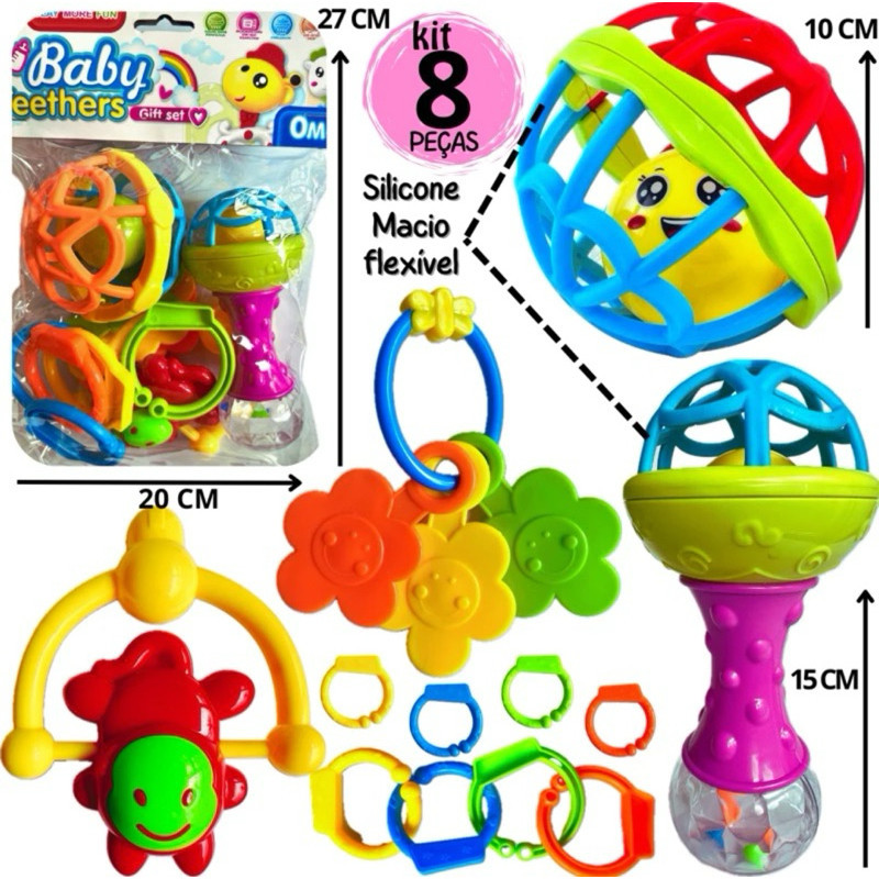 Kit com 8 Brinquedos Para Bebes com Chocalho Mordedor de Silicone Macio Bola Colorida 8 Peças Para Menina e Menino
