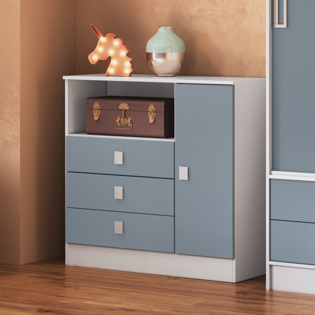 Cômoda de Bebê 3 Gavetas 1 Porta 1360 Baby  Branco/Azul