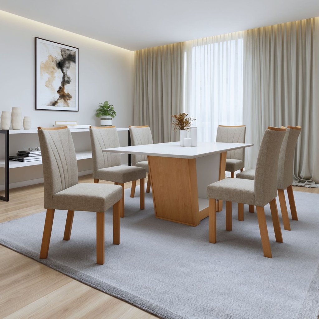Conjunto Sala de Jantar 6 Lugares Retangular Tampo MDF Mesa e Cadeiras Apogeu Amêndoa Clean/Off White/Bege
