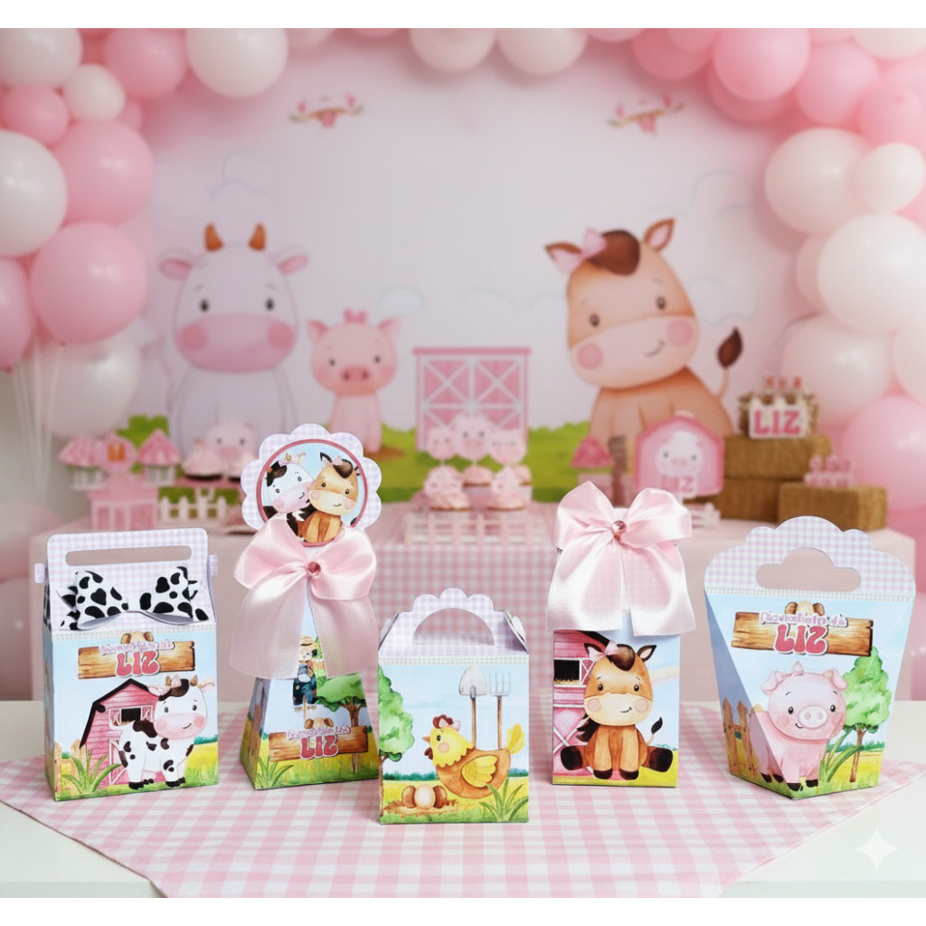 Kit Personalizados caixas Festa Fazendinha Rosa |Caixinha|Aniversário|Lembrancinha|Pegue e Monte