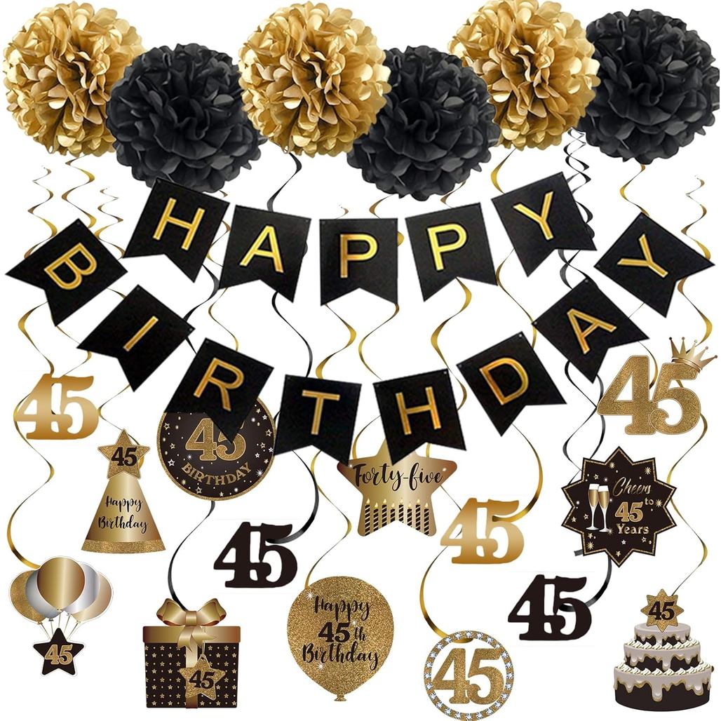 BRT Bearingshui Decoração de Aniversário de 45 Anos com Espirais e Serpentinas Penduradas, Faixa de Aniversário com Pomp