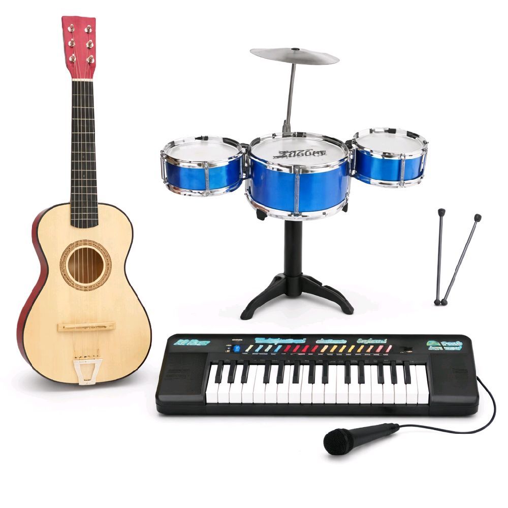 Kit Musical Violão +teclado +bateria Infantil 3 Tambores music box piano