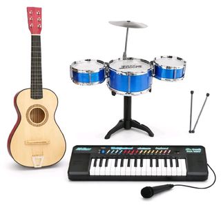 Kit Musical Violão +teclado +bateria Infantil 3 Tambores music box piano