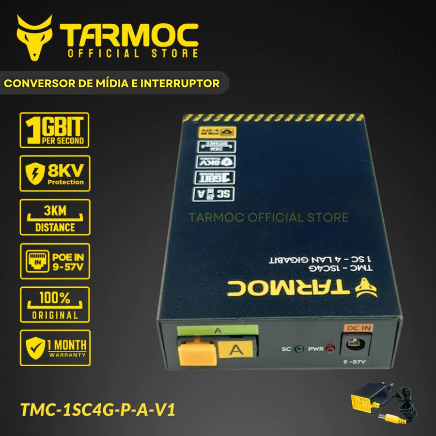 Tarmoc TMC-1SC4G-P-A-V1 Conversor de Mídia Fibra Óptica Switch 1 SC 1 LAN / 1 FO 1 LAN Gigabit POE IN 9-57 Volts