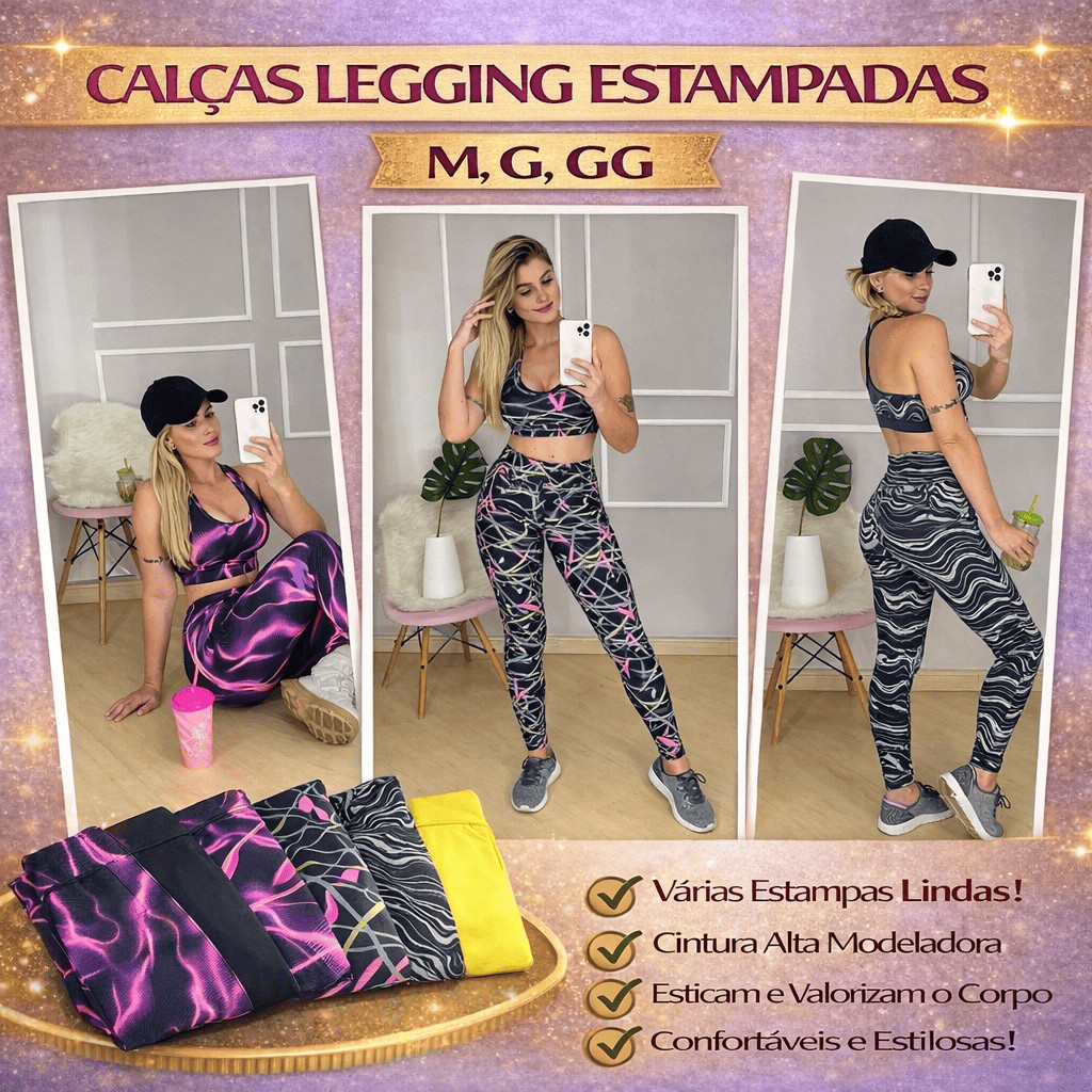 Calça Legging Estampada Feminina Cintura Alta Modeladora M G GG Academia Fitness Confortável