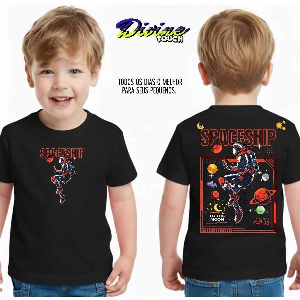 Camiseta Infantil Estampada Espaço Divertido Divertida Menino Menina 100% Algodão Confortável Dia a Dia Estilosa Escolar