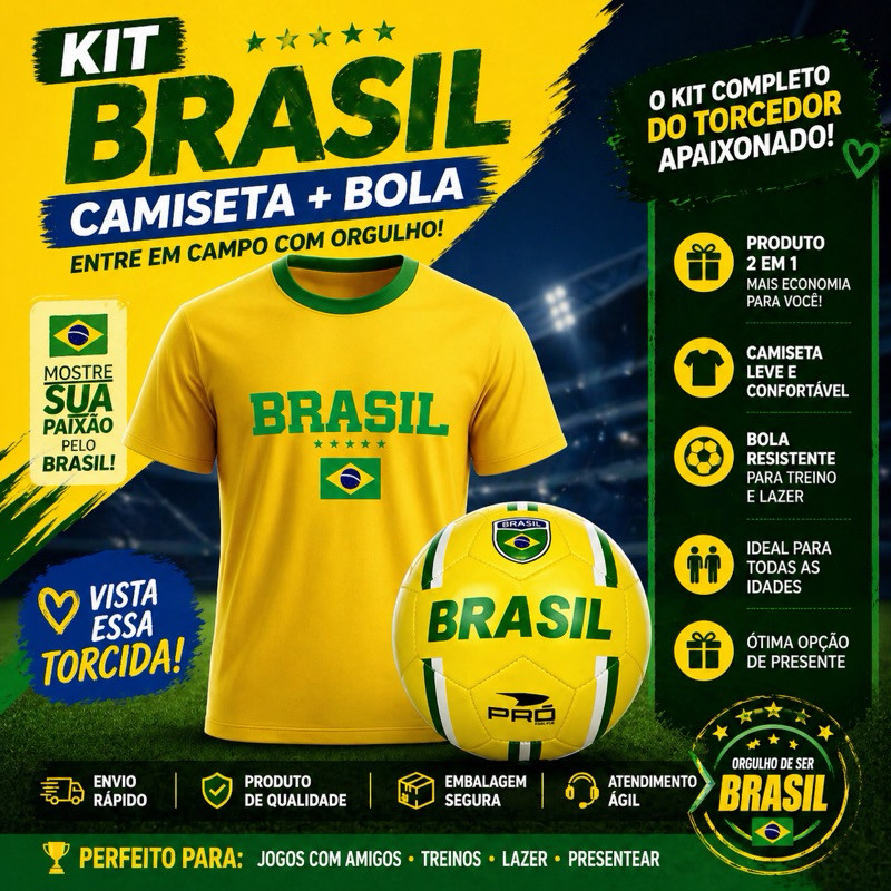 Kit Brasil Camiseta Brasil + Bola Futebol Torcedor | Promoção | Treino | Lazer | COPA DO MUNDO