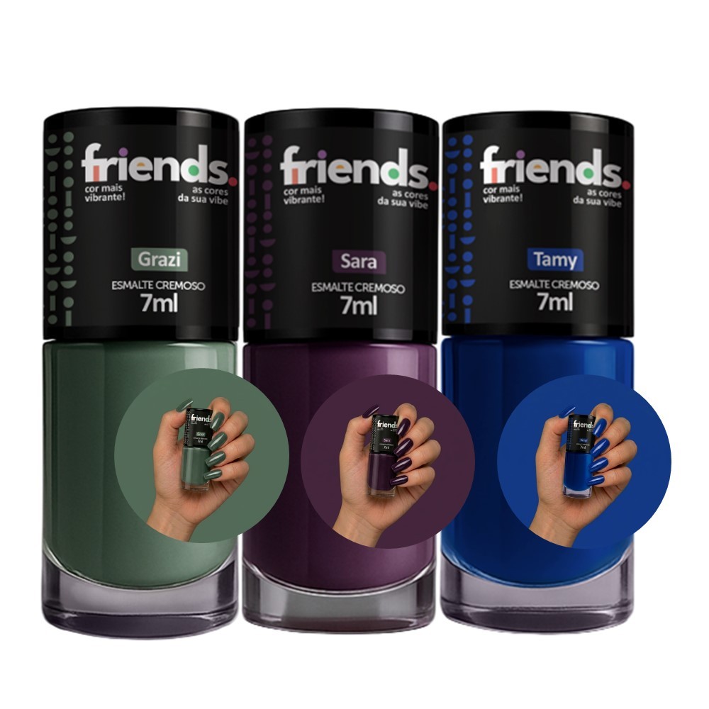Kit 3 Esmalte Cremoso Verde Roxo Azul Grazi Sara Tamy Friends 7ml Cor Vibrante