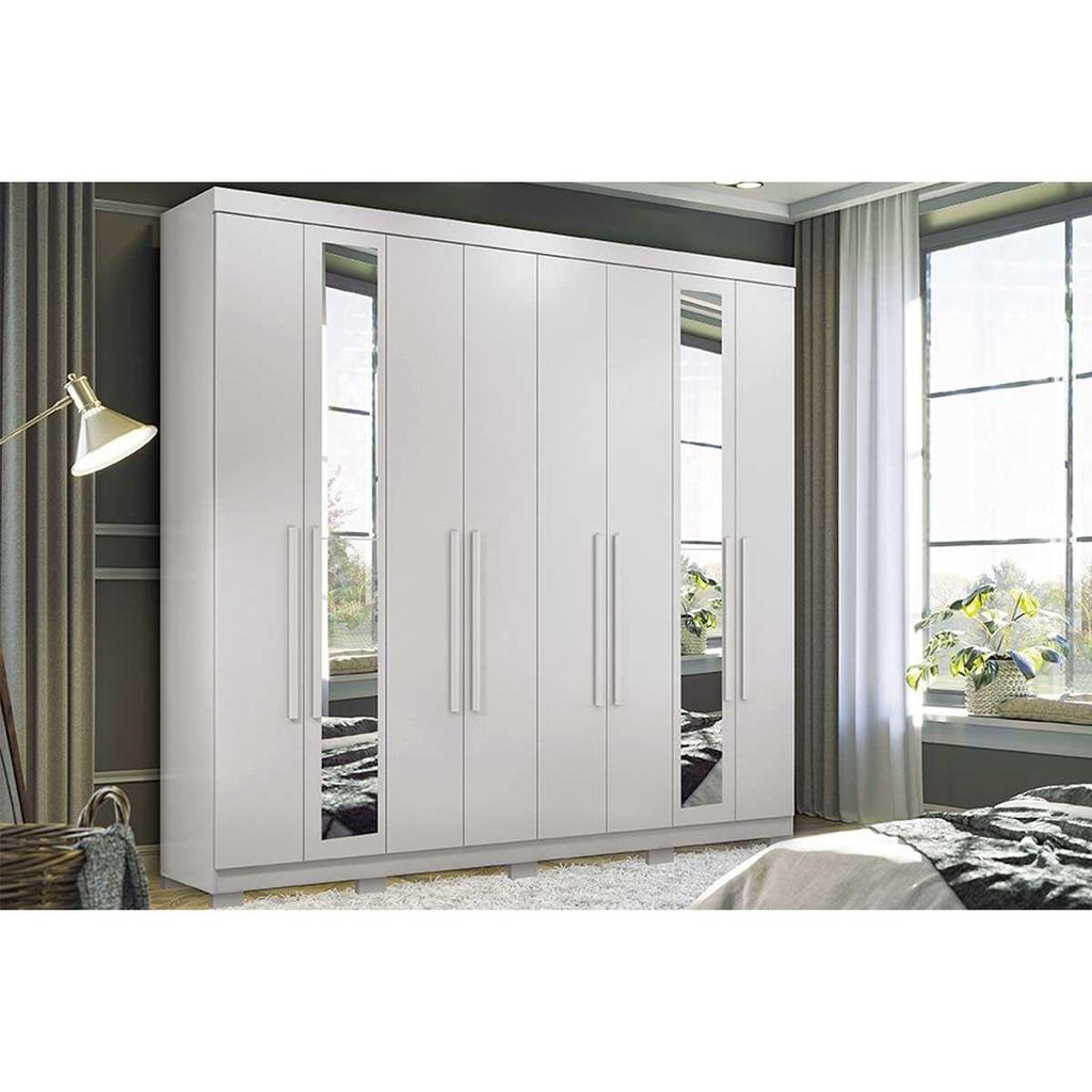 Guarda Roupa Casal 8 Portas (2 c/ Espelho) e 4 Gavetas c/ Pés Master New 8.4 Branco - Santos Andirá