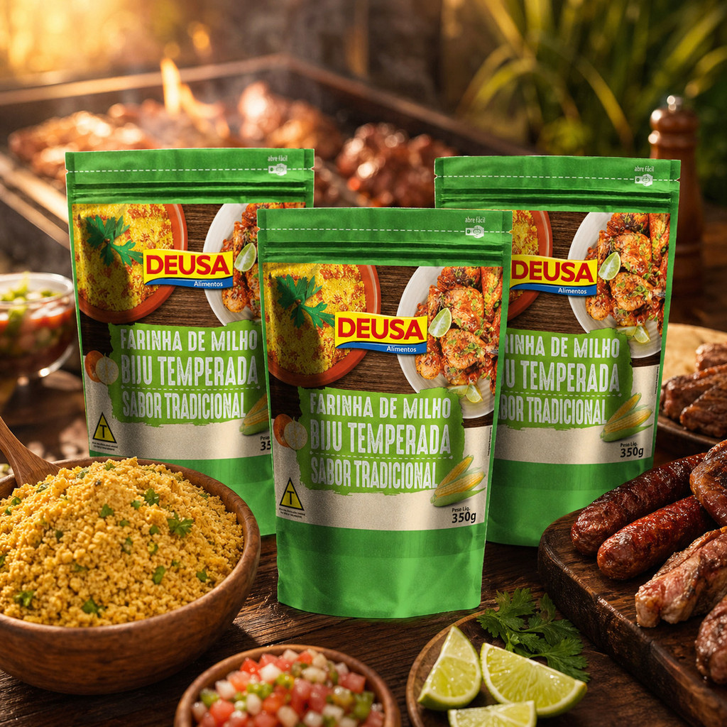 Kit 3 Farinha de Milho Biju Temperada Cebola Alho Deusa 350g