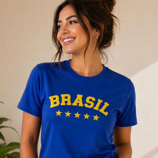 Blusa Feminina Brasil Camiseta T-shirt Copa do Mundo Casual 100% Algodão 30.1 Camisa Copa BellaMix