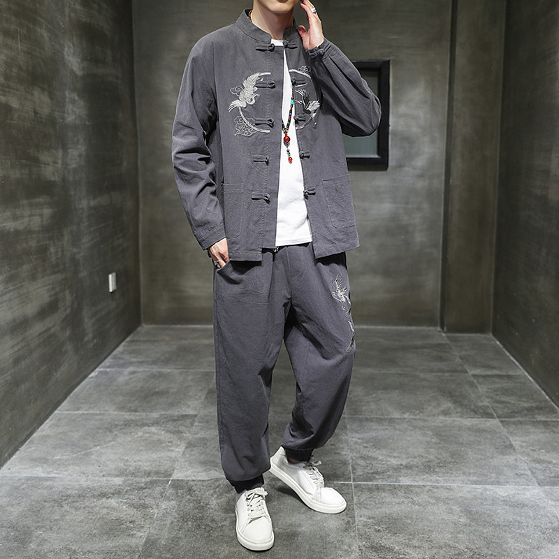 Estilo chinês linho Tang terno masculino bordado algodão linho jaqueta chinês Layman roupas soltas roupas masculinas tam