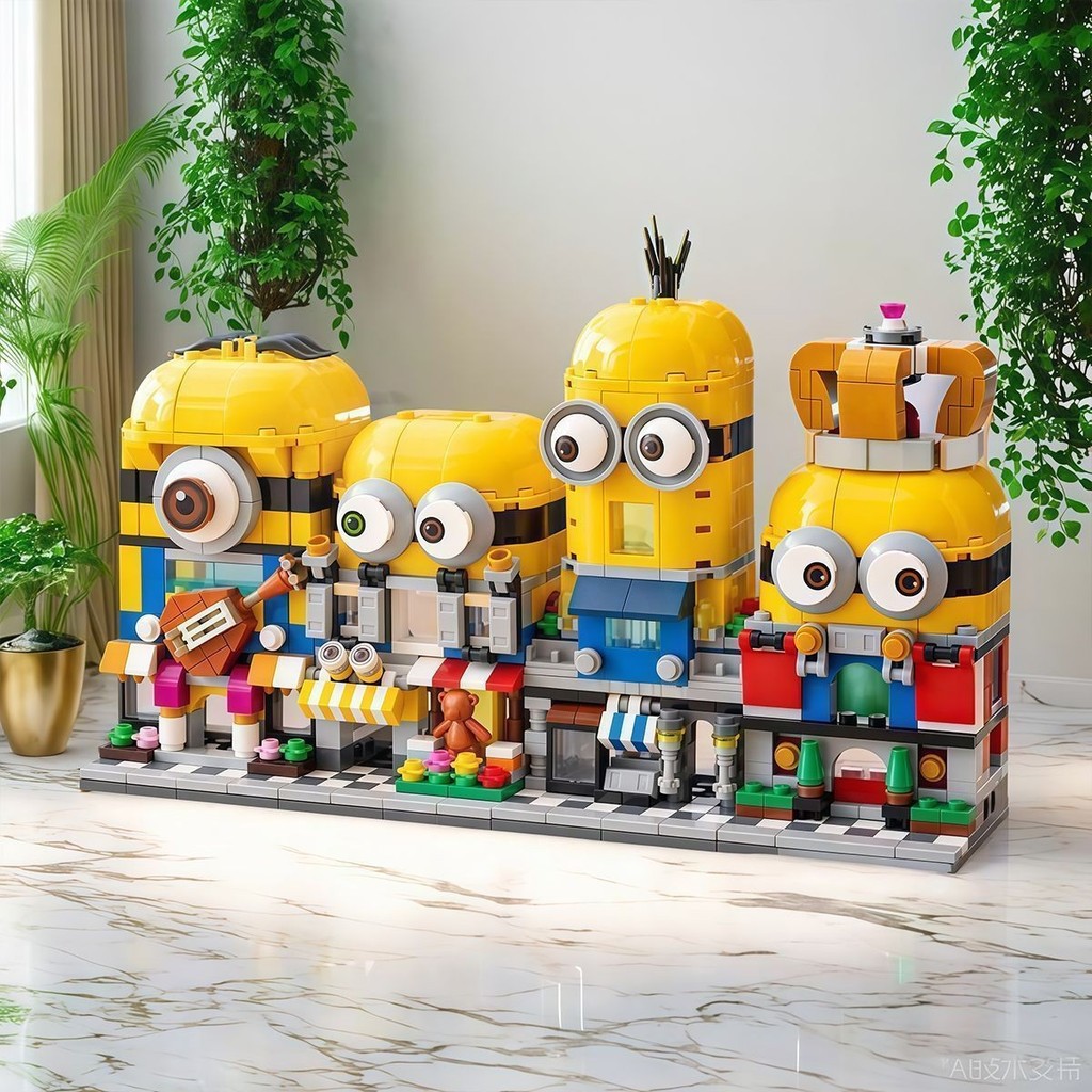 Compatível com Lego Minions cabeça quadrada menino blocos de construção vista rua modelo de construção ornamentos brinqu