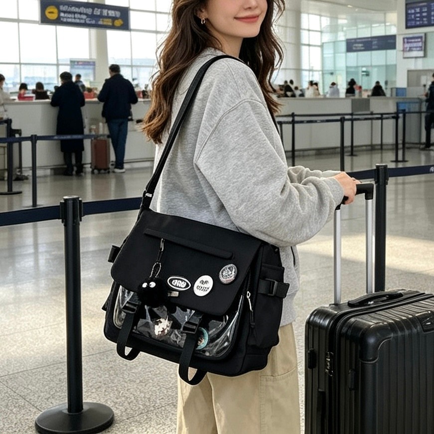 Bolsa Impermeável Transversal Estilo Japonês Bolsa Mensageiro Casual Grande com Design de Crachá X167 VT