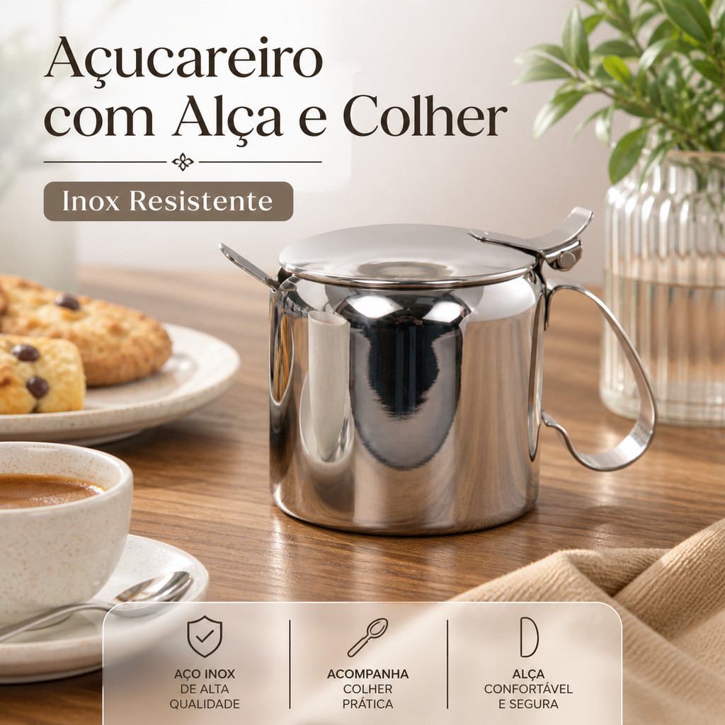 Açucareiro com Alça e Colher Inox Restaurante Bar Café Utilidades Servir Mesa Posta