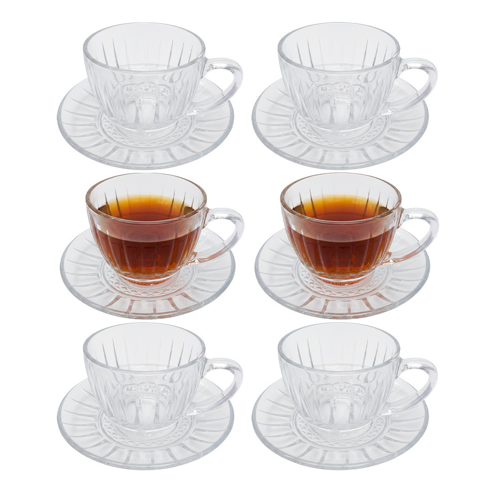 Jogo 6 Xicara de Chá com Pires Vidro Victoria Transparente Café Cappuccino 200ml Haüskraft