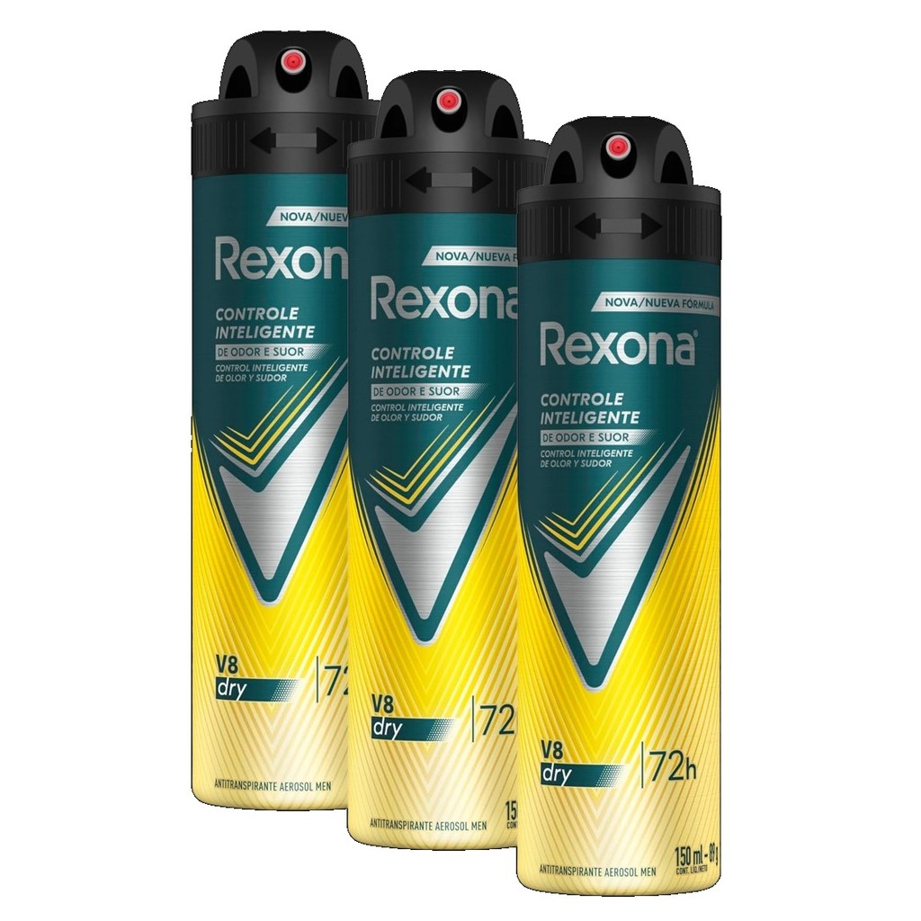 kit 3 Rexona Desodorante Antitranspirante Aerosol Masculino V8 72 Horas 150Ml