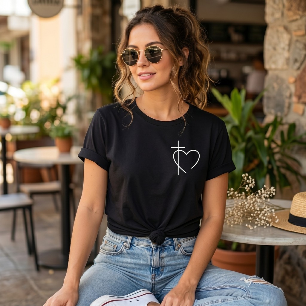 Camiseta Feminina Cristã Estampa Coração Cruz Fé T-Shirt Delicada Confortável e Leve Algodão 100%