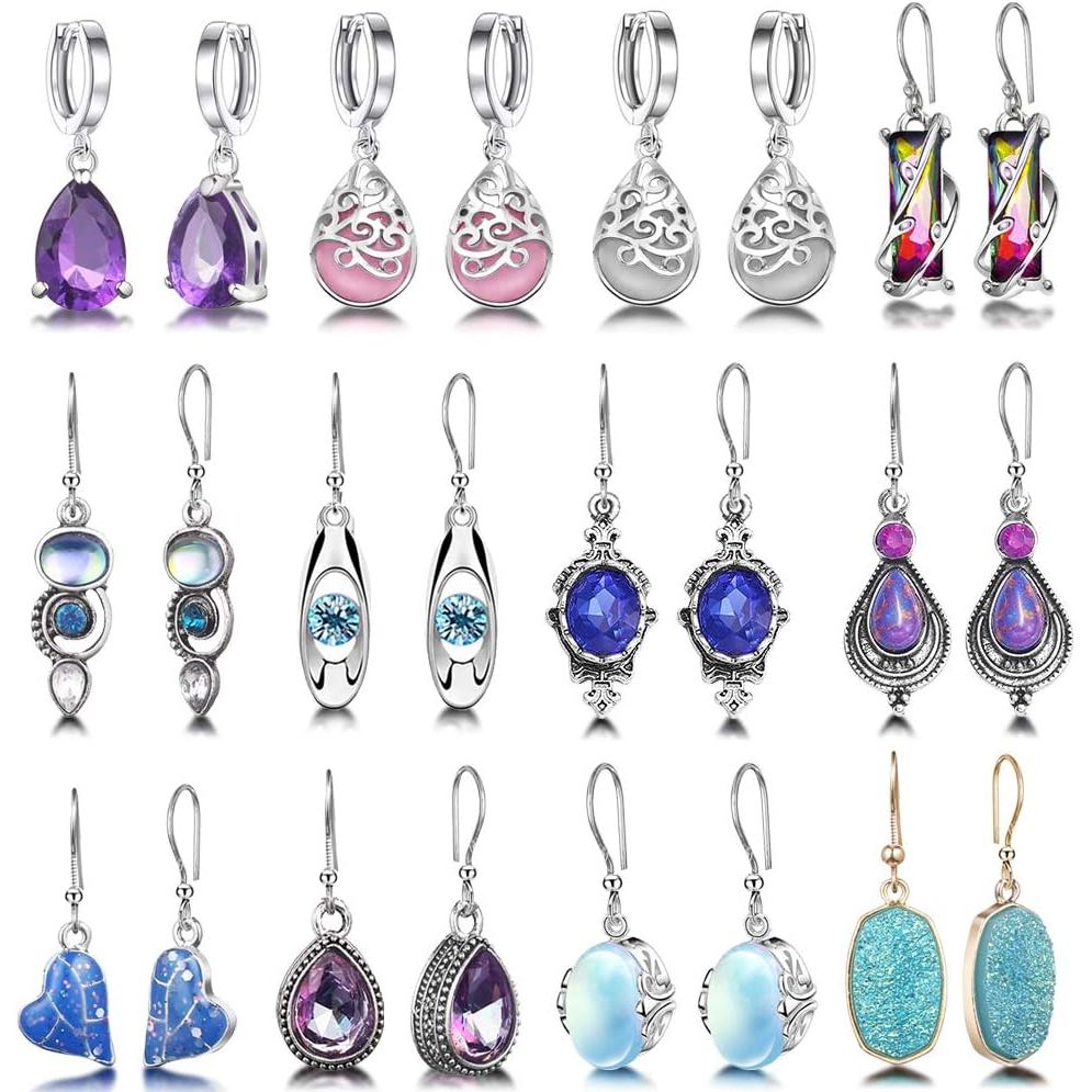 12 Pares de Brincos Pendentes em Forma de Gota com Cristais Druse para Mulheres, Conjunto de Joias com Brincos de Argola