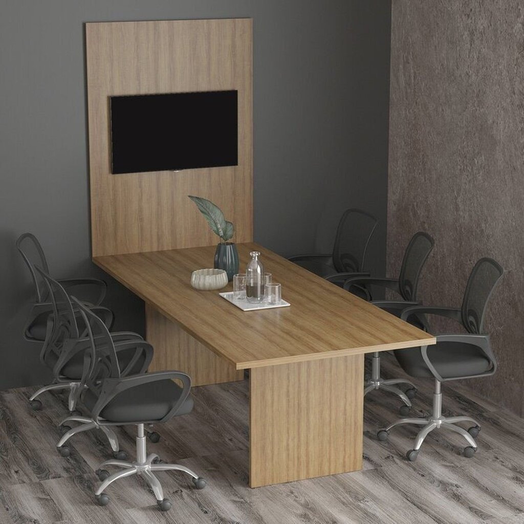 Kit com Mesa para Reunião 6 Lugares e Painel para TV até 37 Polegadas Marrom/Amendoa Amêndoa