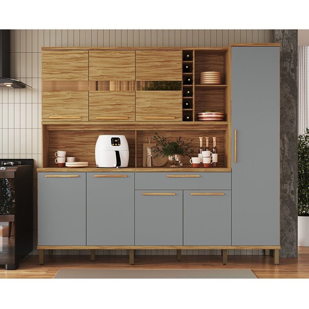 Armário de Cozinha Compacta 8 Portas 1 Gaveta e Mini Adega 222cm 100% MDF Suécia Espresso Móveis Amêndoa/Cinza