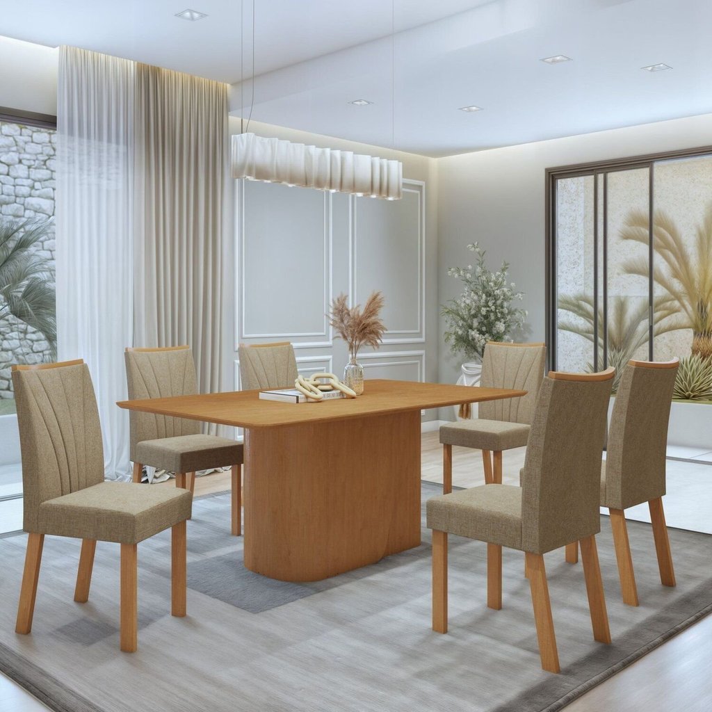 Conjunto Sala de Jantar 6 Lugares Retangular Tampo MDF No Glass Mesa Luar com Cadeiras Apogeu Amêndoa Clean/Linho