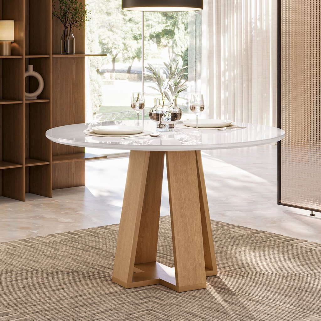 Mesa Redonda com Tampo de Vidro Moderno Amarelo/Mel/Off White Mel/Off White