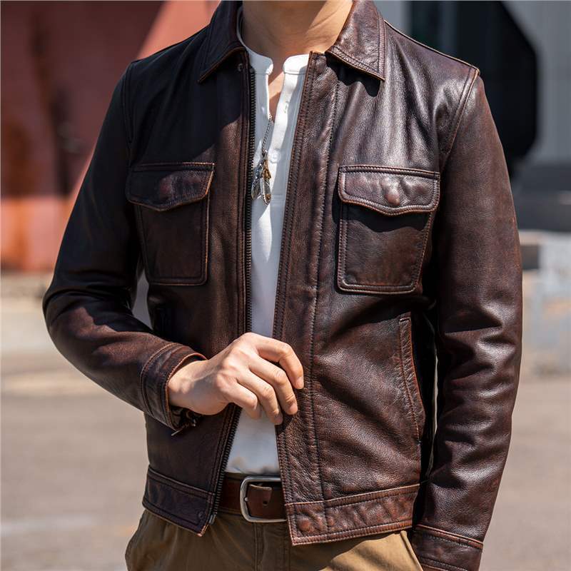 Jaqueta de Couro Genuíno Vintage Americana para Motociclistas, Masculina, em Couro de Vaca, Corte Curto, Casaco Estiloso