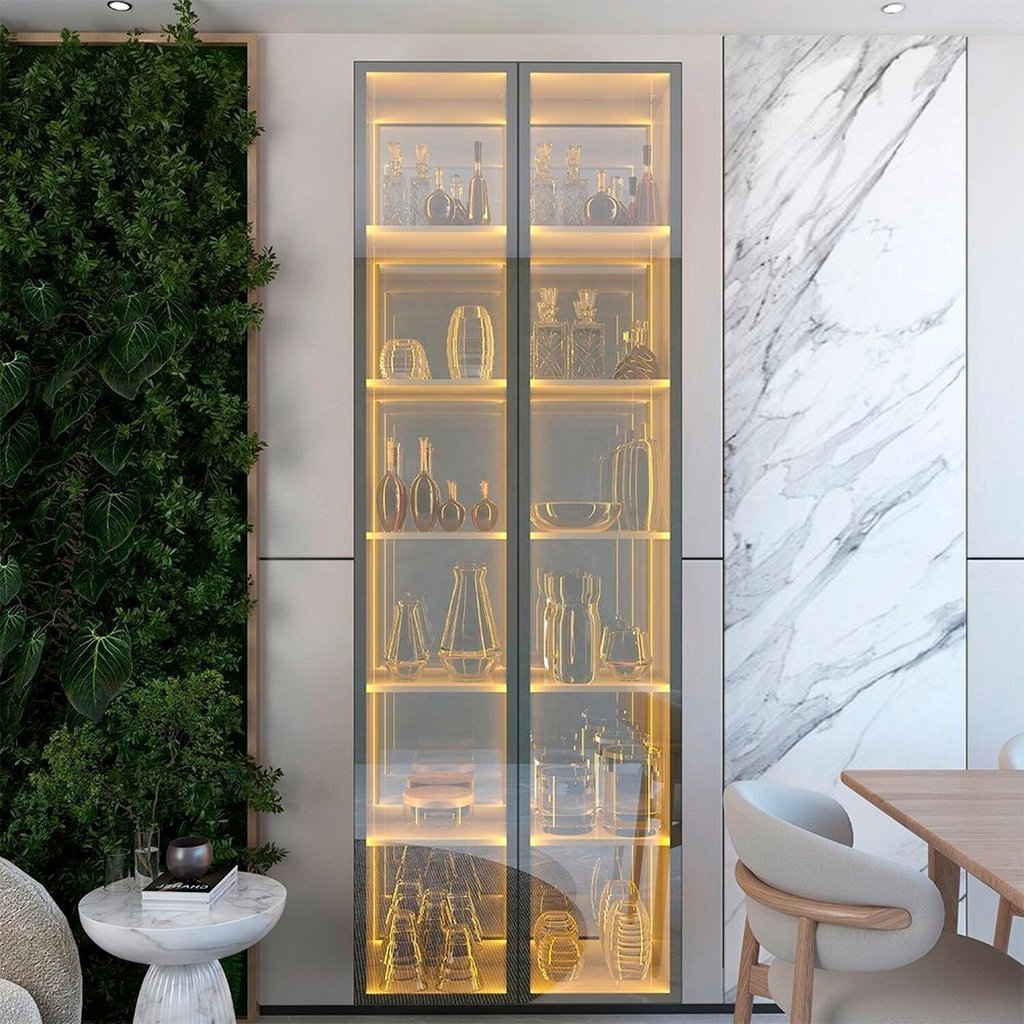 Cristaleira 2 Portas Reflecta com LED e Espelho 76cm 100% MDF Luminare Marrom/Marrome Naturale