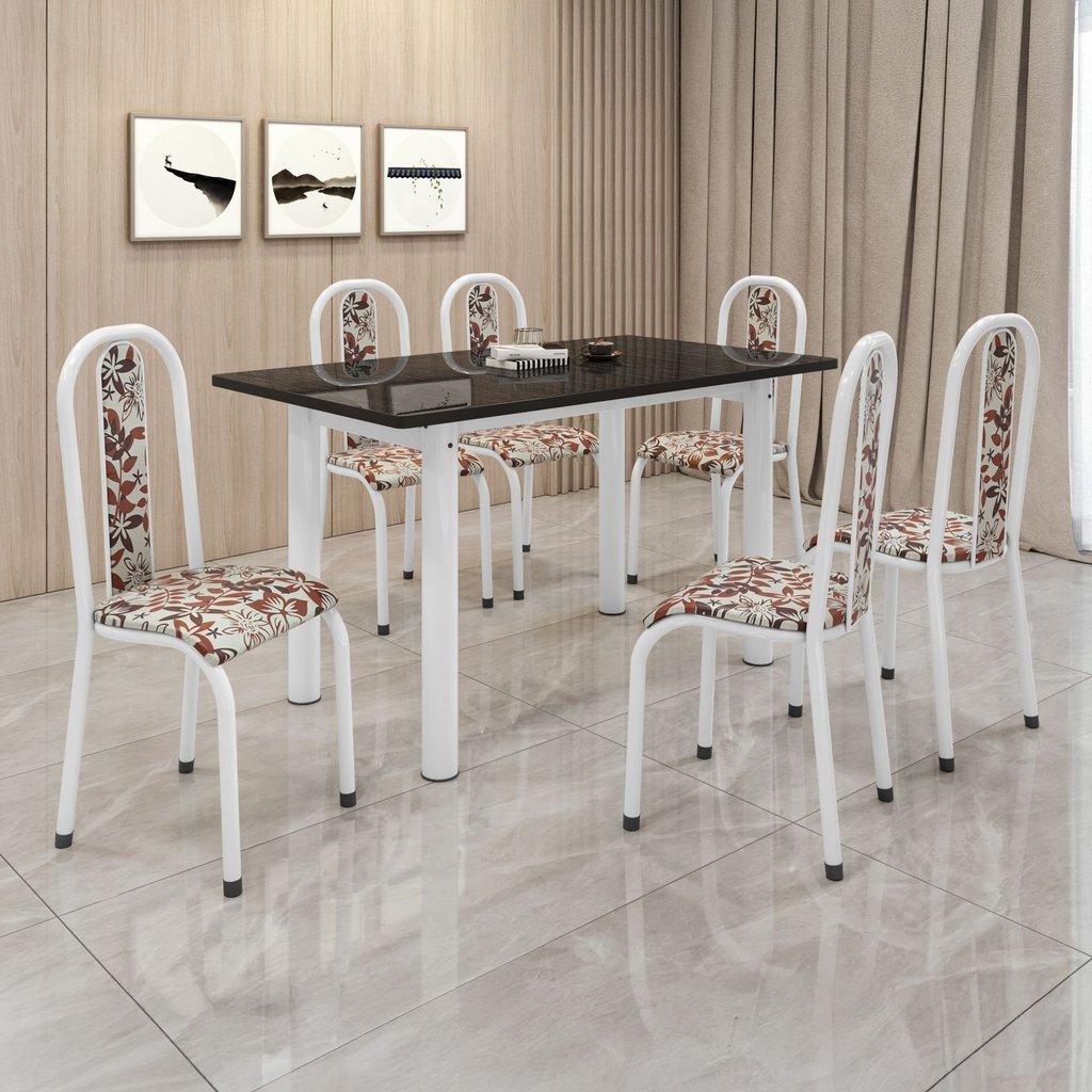 Conjunto Sala de Jantar Tubular 6 Lugares Retangular Mesa Tampo Ardósia Indiano 140x75cm Sofia