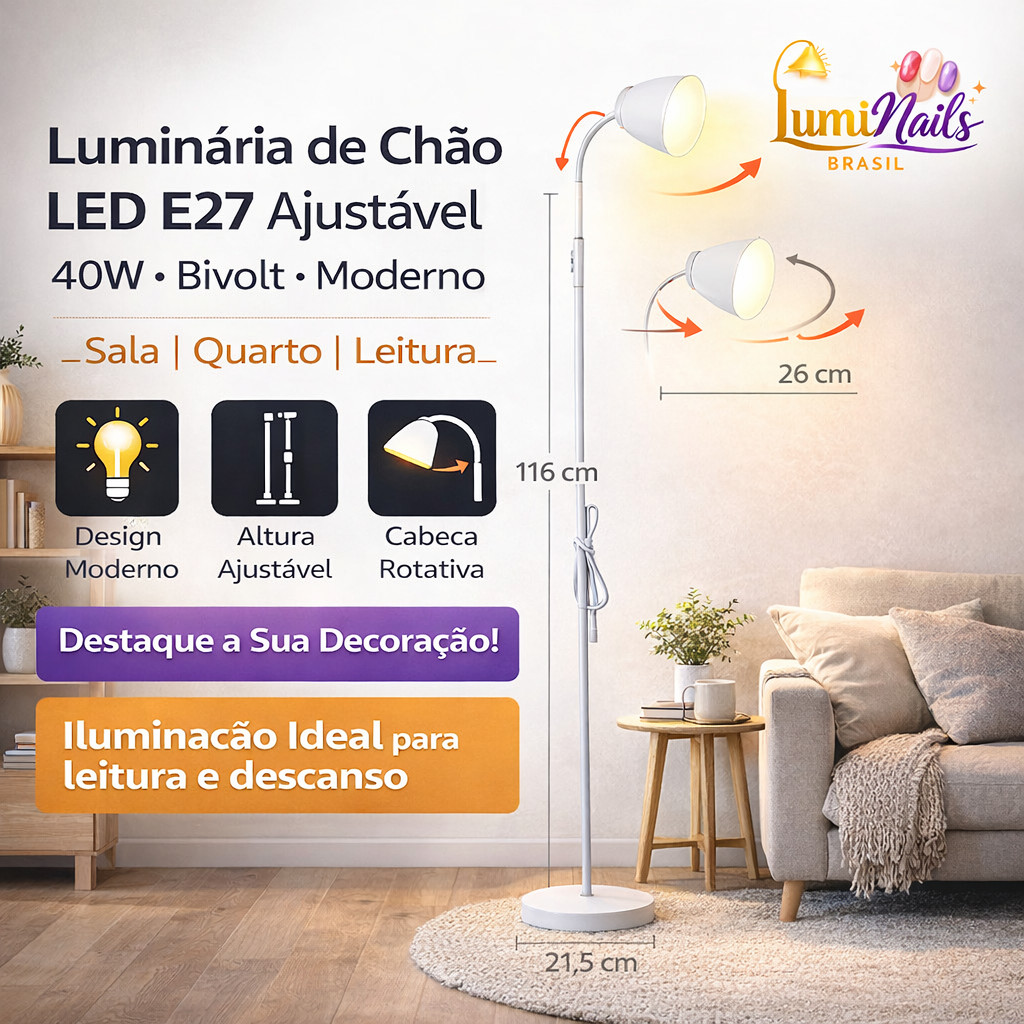 Luminária de Chão LED E27 Ajustável 40W Bivolt Abajur Moderno para Sala Quarto Leitura