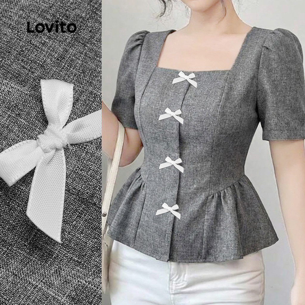 Lovito Elegant Blusa Babado Bainha Laço Colorblock Primavera/verão Cinza Blusa para Mulheres. L177ED093