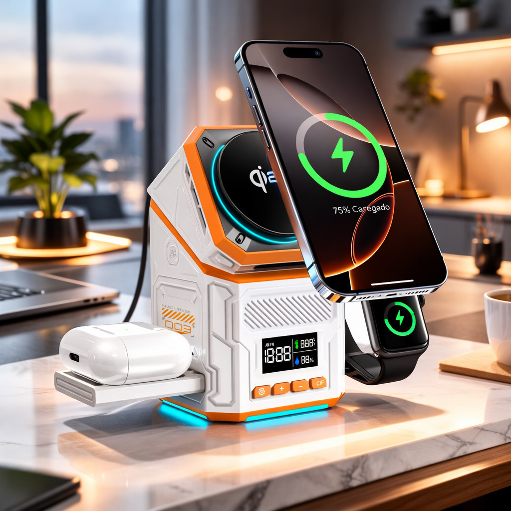 Dock Carregador Magnético 3 em 1 Sem Fio 15W Qi2 Com Painel Digital e LED Tipo C PE-WS28