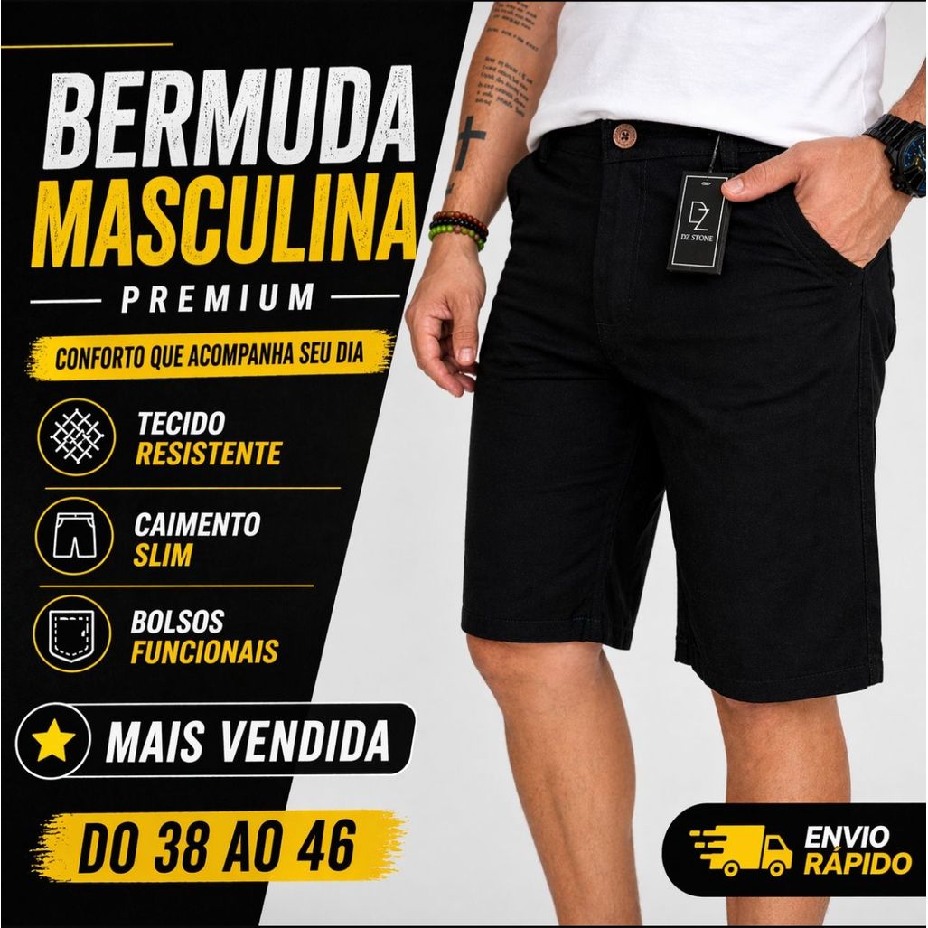 Bermuda Masculina Slim Sarja Brim Premium Short Social Bolso Faca Colorida
