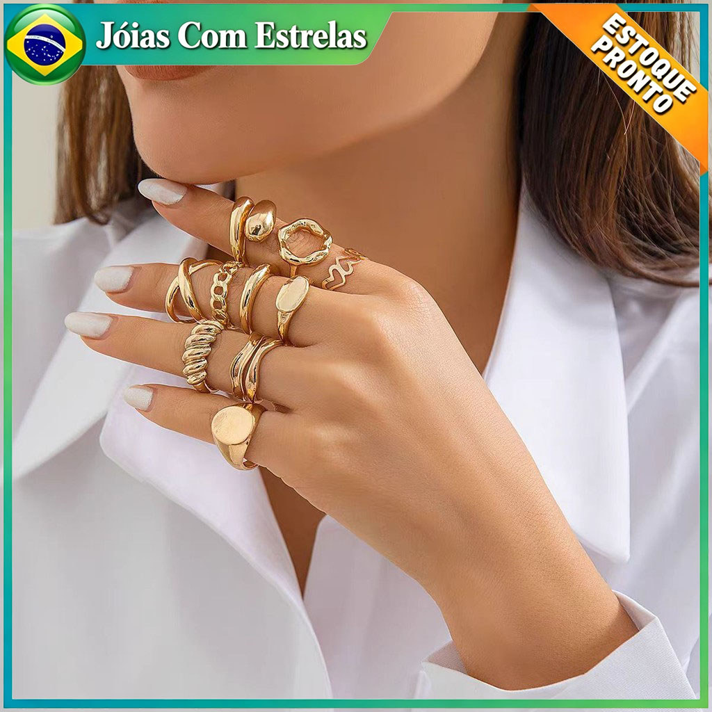 Conjunto de 10 anéis redondos dourados exagerados joias femininas da moda
