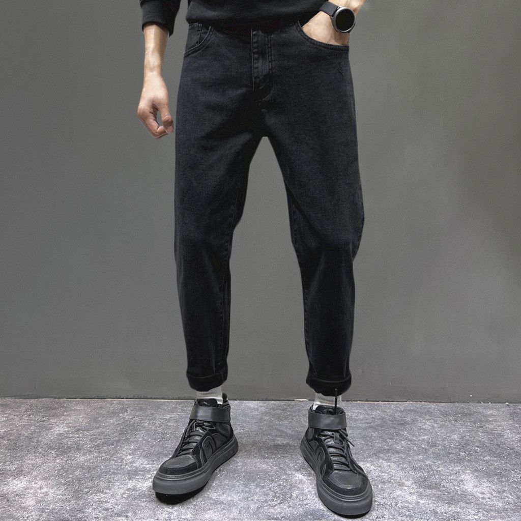 Casual Street Wear Jeans masculino angustiado preto cinza Retro calças masculinas moda roupas masculinas magro-ajuste ma