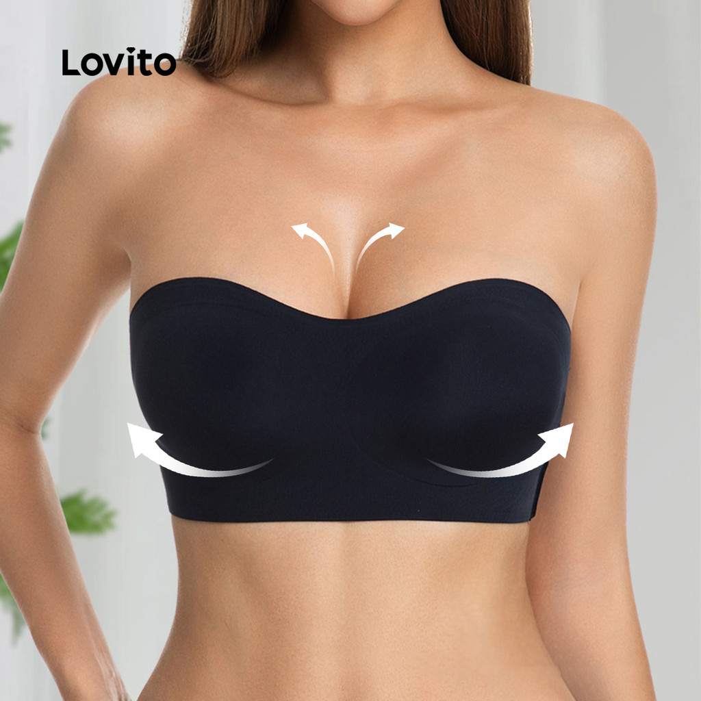 Lovito Casual Sutiã Sem Costura Sem Aro Com Bojo Push-up E Alças Cruzadas Preto Para Mulheres LNE117002