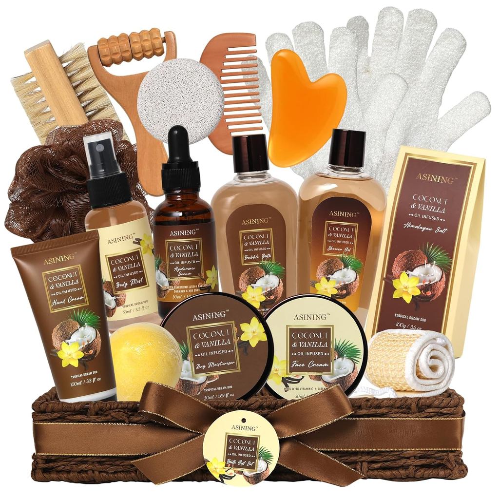 Conjunto de 19 Peças para Banho e Corpo para Mulheres - Presente de Coco e Baunilha, Cesta de Presente para Spa, Conjunt