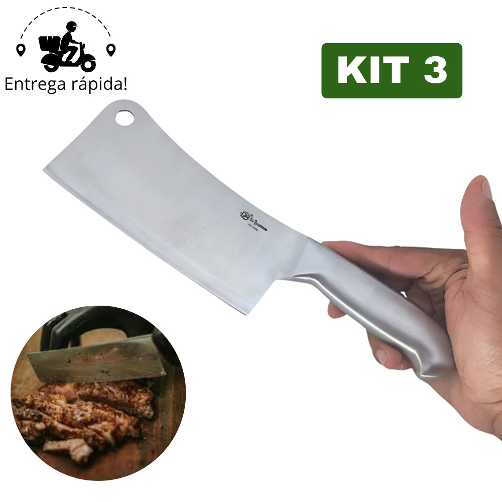 Kit 3 Cutelo Profissional Aço Inox Machadinha Robusta para Corte de Carne CP