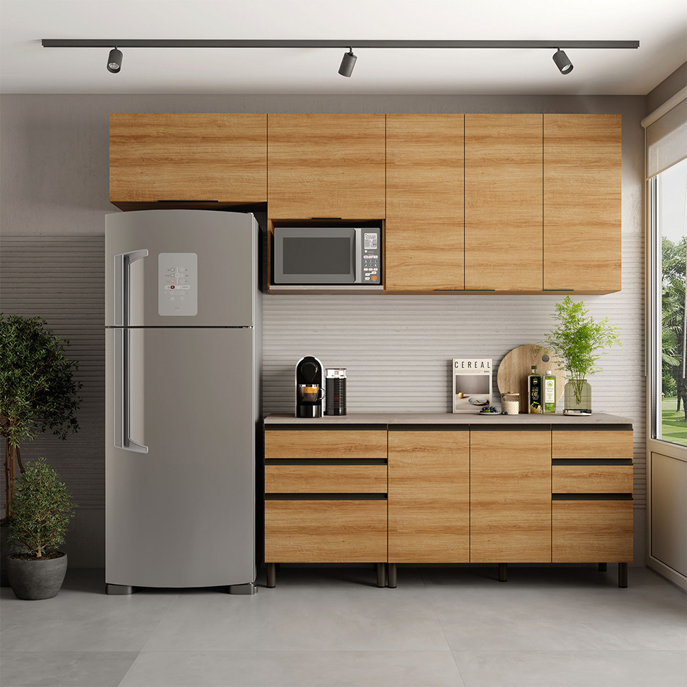 Cozinha Bartira Cristal com 7 Portas, 6 Gavetas, 4 Prateleiras e Nicho para Micro-ondas - 260cm de largura
