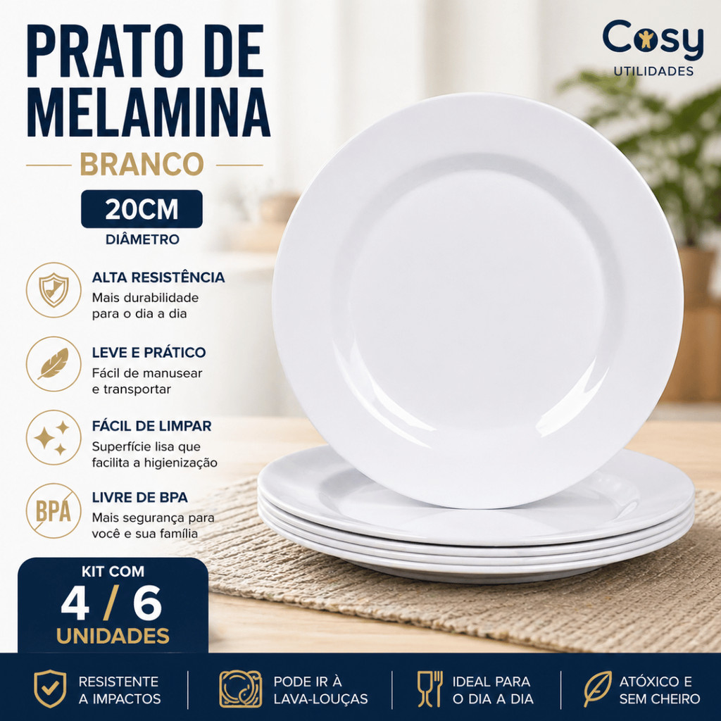 Kit 4/6 Prato 20cm Melamina Resistente Branco - Cosy / Mesa Servir Sushi Sobremesa Cozinha Utensilio
