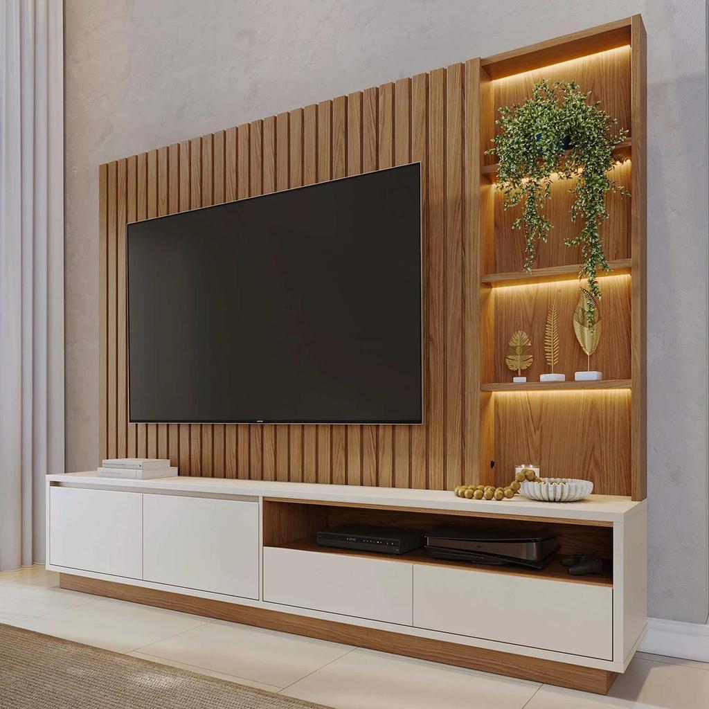 Estante Painel TV 82 Pol 240cm Com LED Hawai Freijó/Off White C05 - Mpozenato