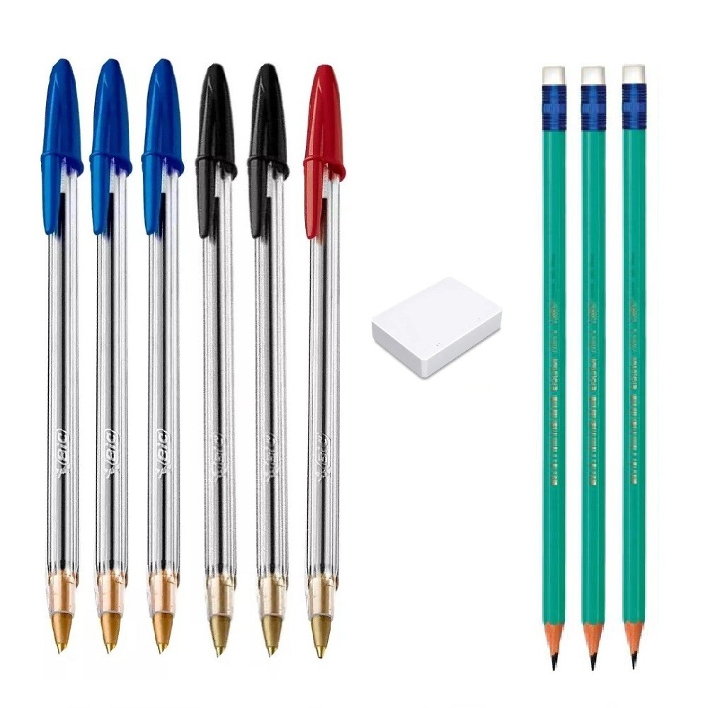 Kit Escolar 3 Lapis Bic c/borracha 1 Borracha e 6 Canetas Bic