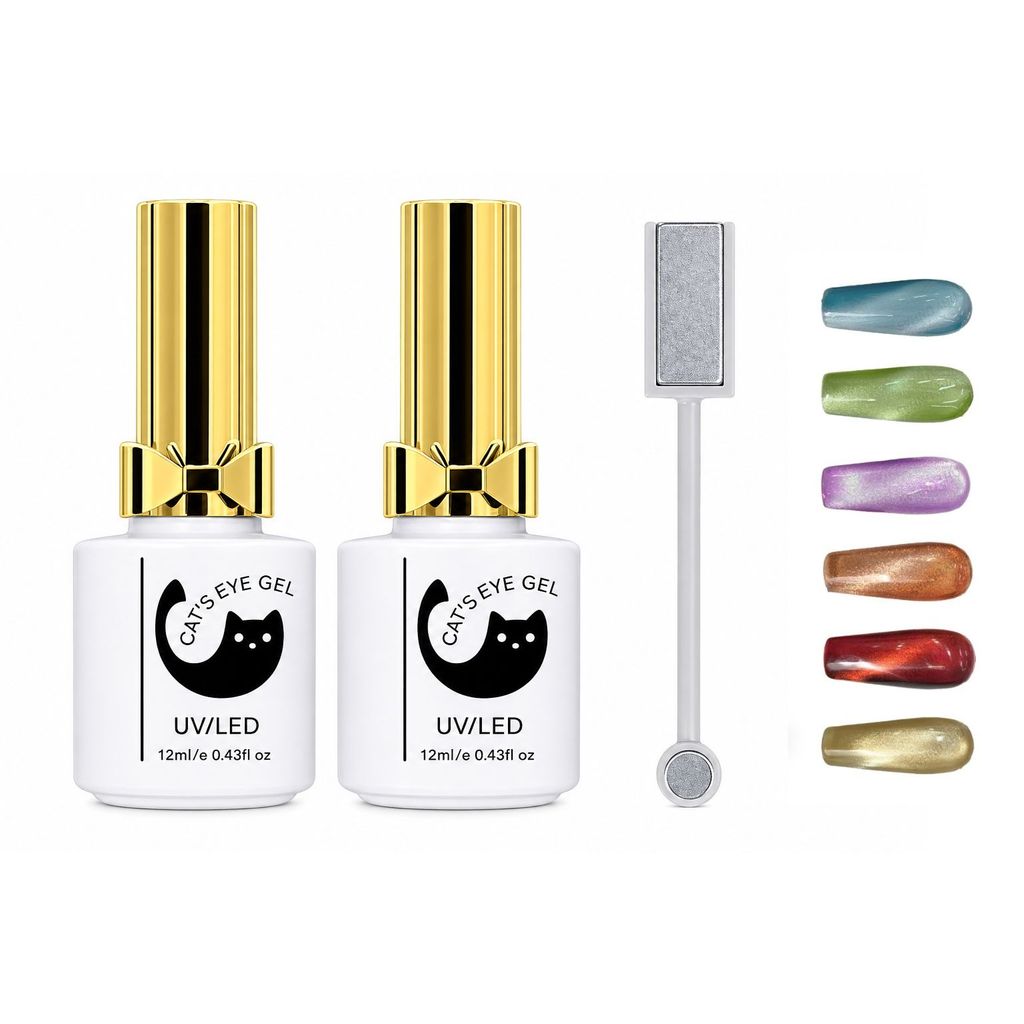 Kit 2 Esmaltes Cat Eye + Imã Magnético Efeito Olho de Gato | Cores Aleatórias | Unhas Gel UV LED