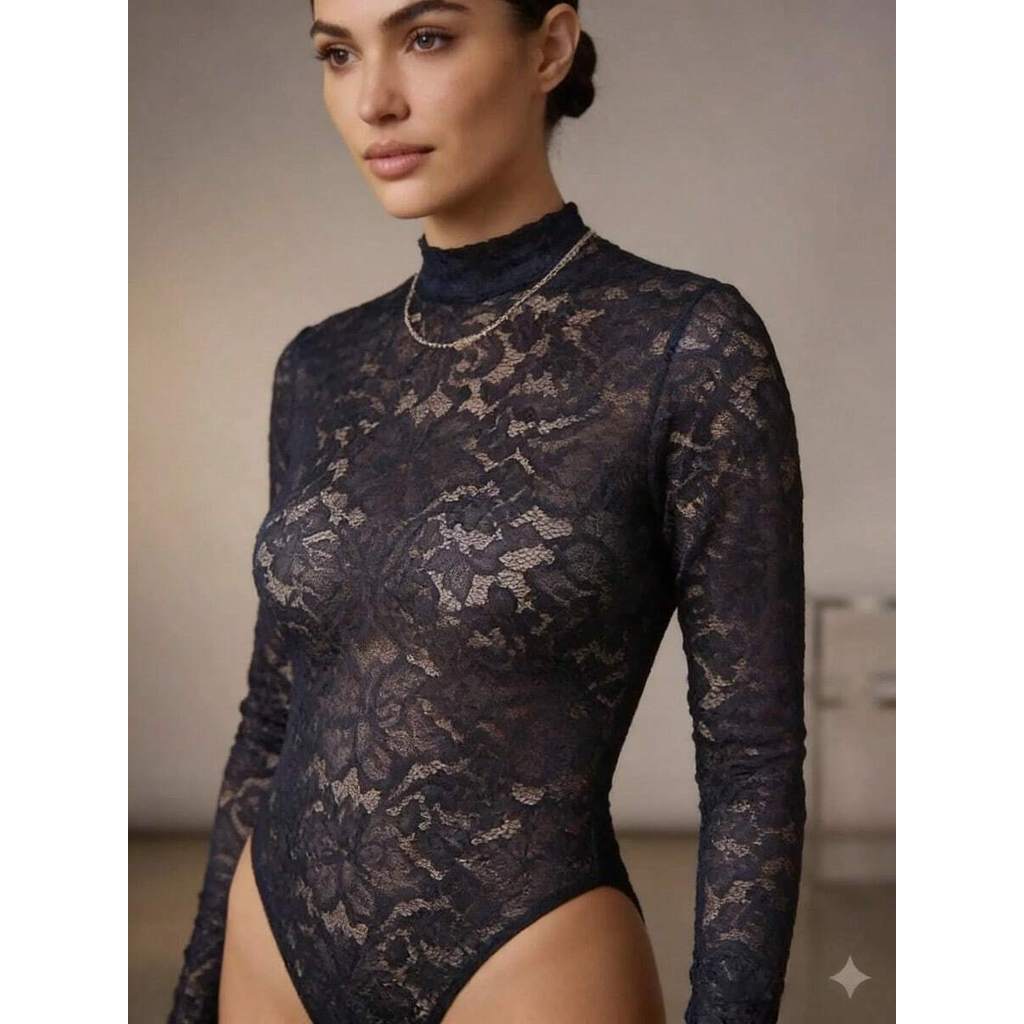 Body Renda Bory Renda Feminino Manga Longa Floral Vazada Moda Outono Inverno 2026