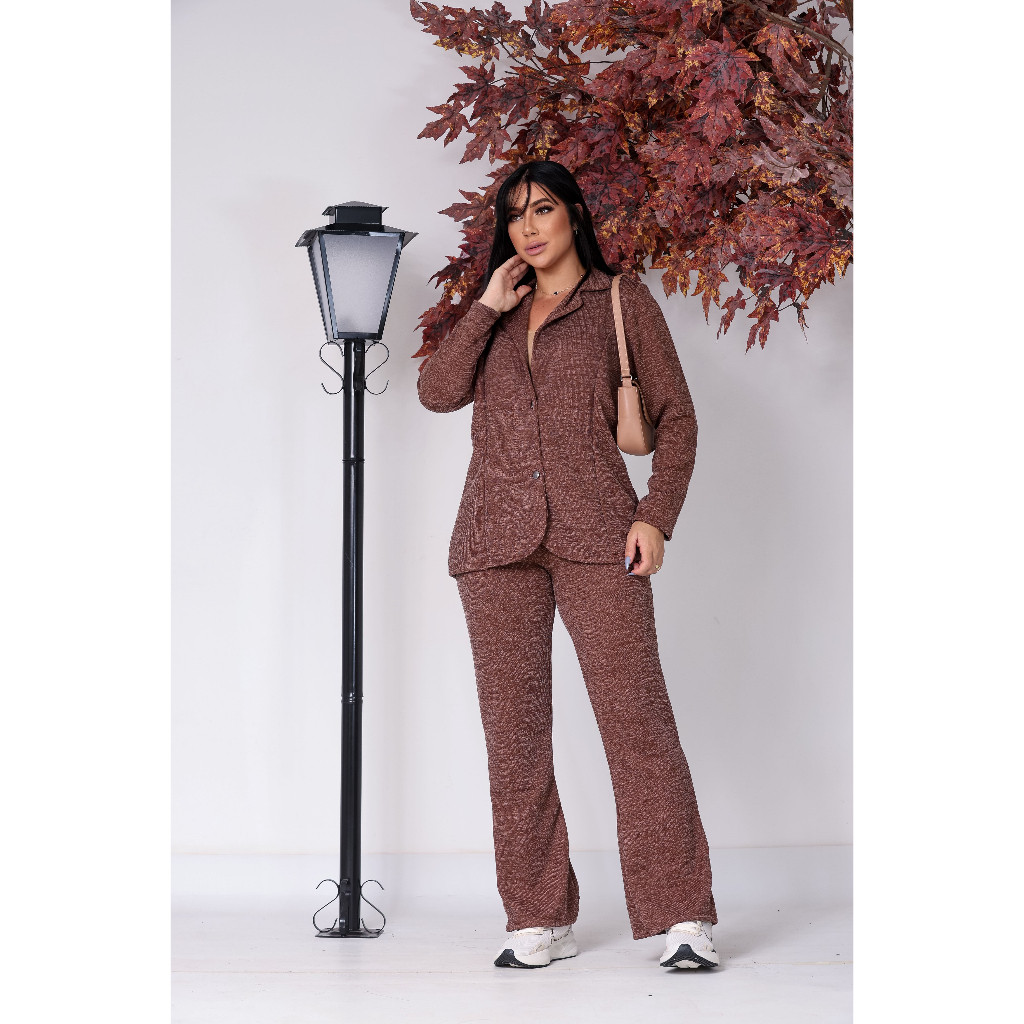 Conjunto Feminino Blazer e Calça Social Cintura Alta Malha Ribana Tendência Outono Inverno