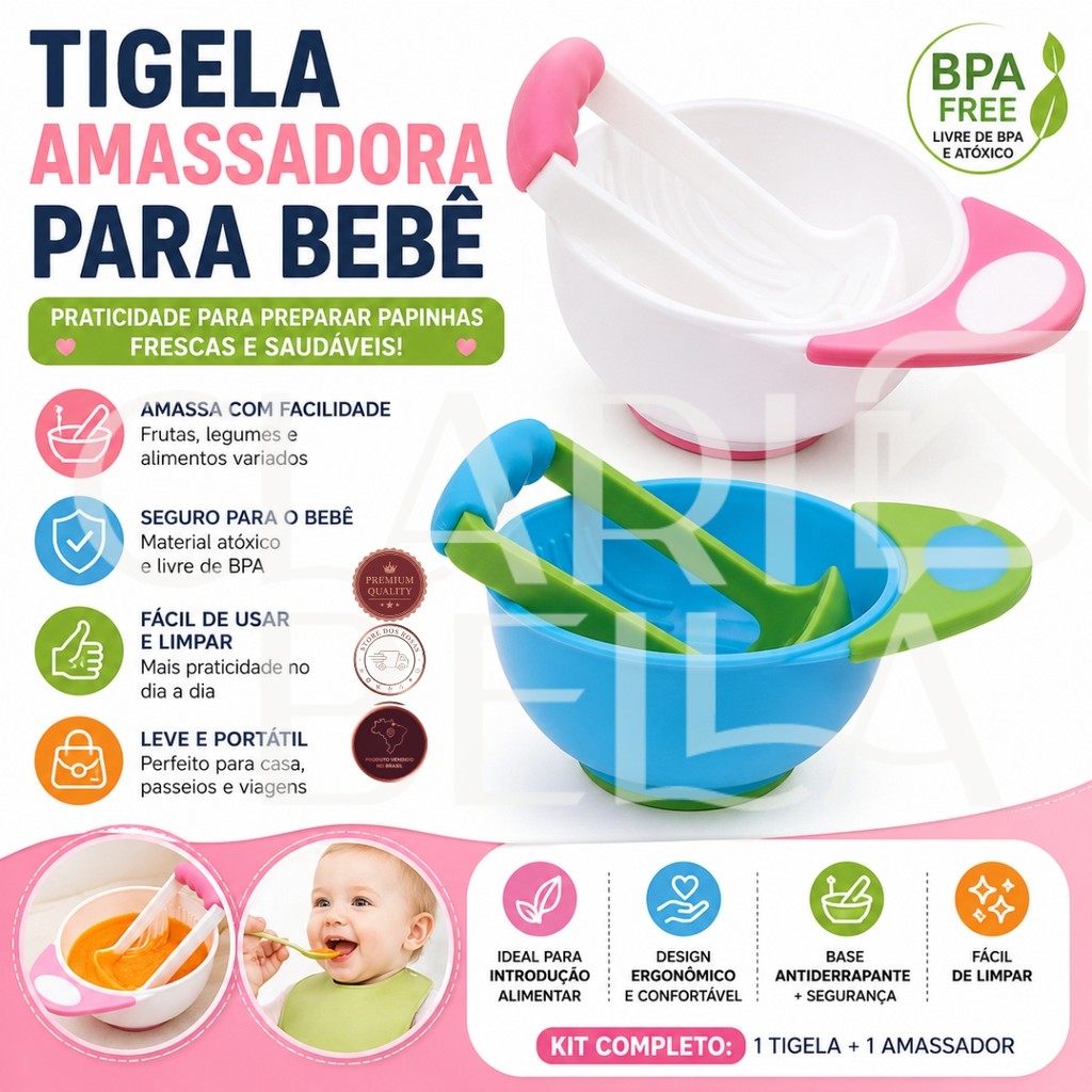 Tigela Amassador Bebê com Colher Triturador Papinha BPA Free Alimentação Infantil