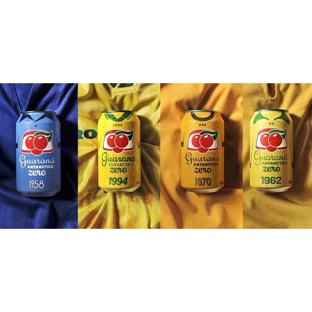 Kit 4 Guaraná Lata Brasil Copa 2026 Seleção Brasileira Desenho Camisas 1958 de 1962 de 1970 de 1994