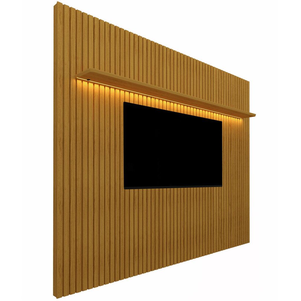 Painel para Sala TV 60 Polegadas Ripado MDF com LED Prateleira Moderno Nobre Naturale - Gelius Móveis