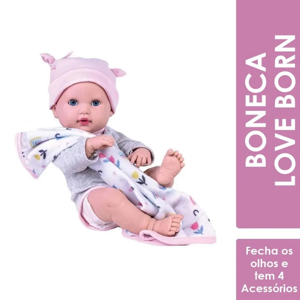 Boneca Born 35cm Neném Nanando Em Vinil Macio Articulada Com Chupeta Mamadeira Brinquedo Infantil Faz De Conta Cotiplás